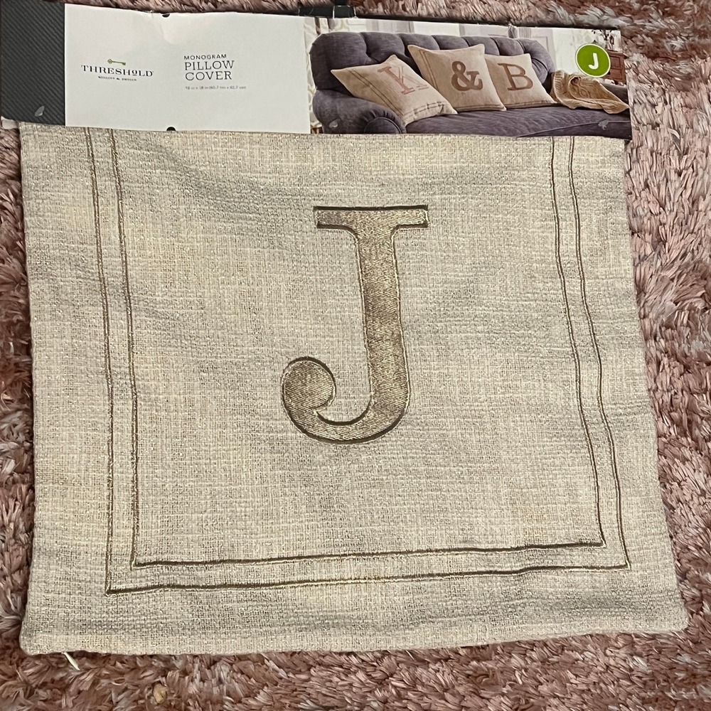 Monogram Pillow Cover Letter J Beige Gold Metallic 18x18 Farmhouse
